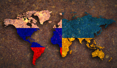 World map with the colors of the Russian flag on the left and the Ukrainian flag on the right.