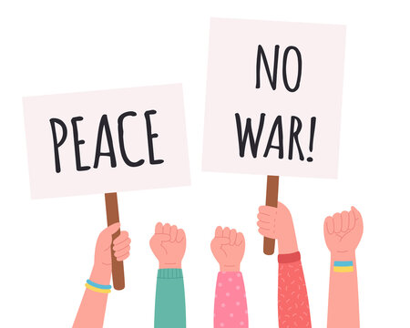 People holding banners and placards. No war concept. Street demonstration, placard protest, political revolution, demonstrate. Vector illustration