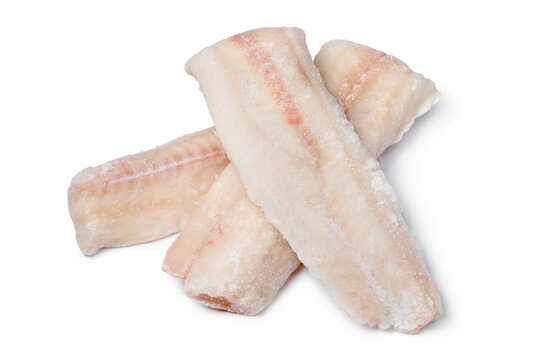 Pieces of frozen pollock fish isolatewd on white background