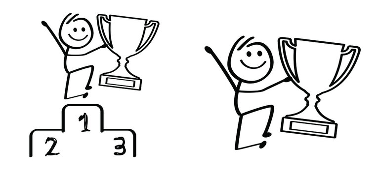 First prize. Cartoon winner trophy icon. Vector champion sport logo or pictogram. Cup symbol of victory event. Happy stickman, stick figure and winnaar awards.