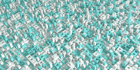 Fototapeta na wymiar Structure of rectangles of different heights. Abstract geometric isometric background in white and turquoise colors. 3D render