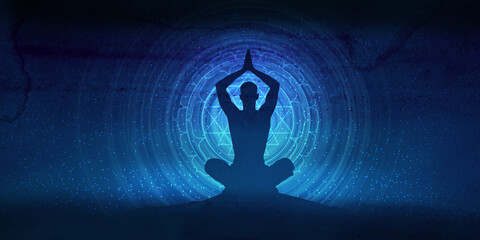 Yoga studio, sun mandala with wavy rays, human silhouette in meditating or yoga pose with lights of Chakras, shiny mystic galaxy background with glowing stars, the deep cosmic night space