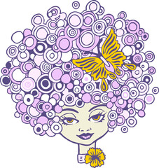lady woman girl young beauty butterfly hair circles spiral purple tshirt