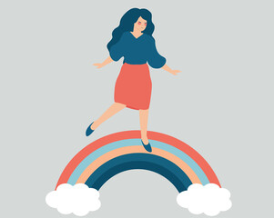 Young female spreads positive vibe while walking on the rainbow with balance. Happy Woman smiles and enjoys her freedom. Positive body, mental health, psychological care, well being lifestyle concept.