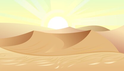 Sunrise on desert horizon. Wind turbines generate electricity. Landscape of southern countryside. Dunes in desert. Cool cartoon style. Vector