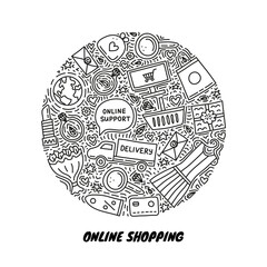 E-commerce shopping doodles in circle.