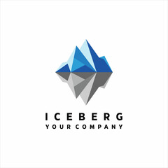 Iceberg logo. Iceberg emblem Blue transparent ice with reflection in water.