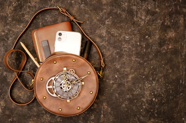 Round steampunk bag with designer's essentials