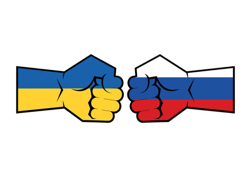 Russo Ukrainian War Raised Hand With Clenched Fist Vector. Russian Ukrainian Conflict Symbol. Raised Hand In Colors Of Ukraine Flag And Russian Flag Vector On A White Background