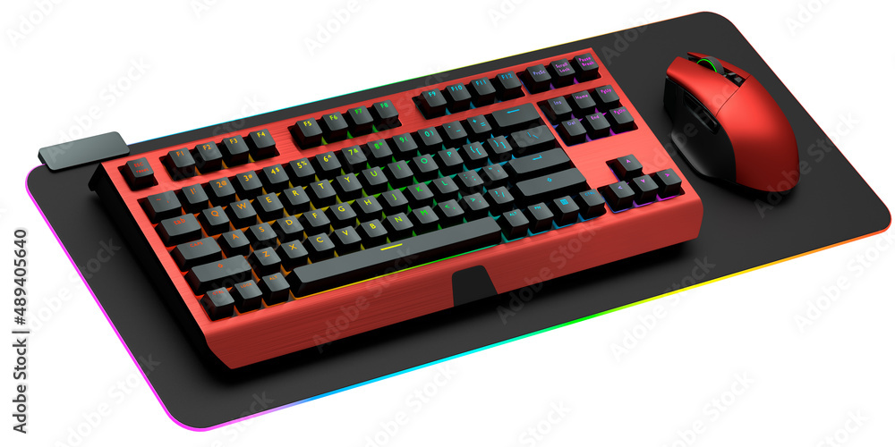 Poster computer keyboard and mouse on professional pad isolated on white background.