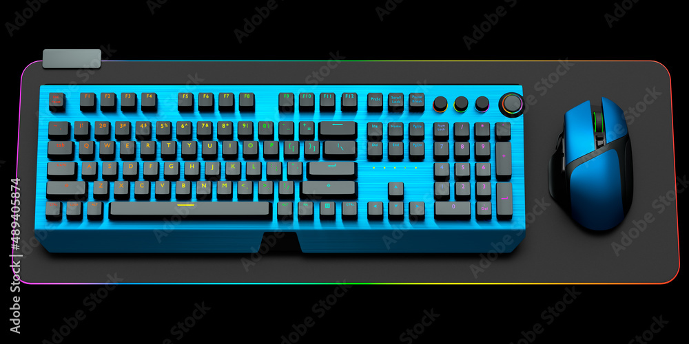 Poster computer keyboard and mouse on professional pad isolated on black background.