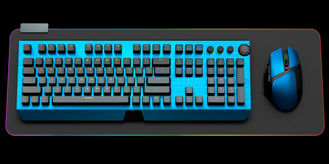Computer keyboard and mouse on professional pad isolated on black background.