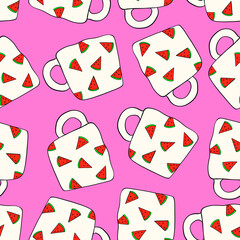 Cups seamless pattern. Cups with watermelon pattern.