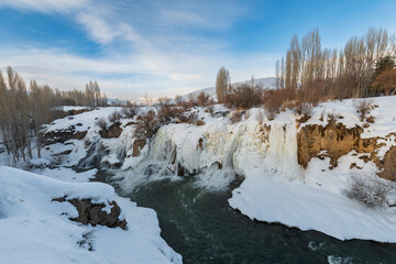 Muradiye Waterfall winter view in Van Province of Turkey