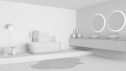 Total white project draft, showcase bathroom interior design, freestanding bathtub and wash basing. Round mirrors, faucets, modern carpet, floor lamp, tables. Minimalist project idea