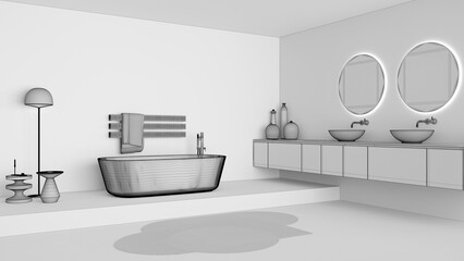 Unfinished project draft, showcase bathroom interior design, freestanding bathtub and wash basing. Round mirrors, faucets, modern carpet, floor lamp, tables. Minimalist project idea