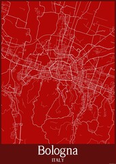 Red map of Bologna Italy.