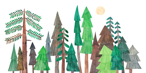 Forest landscape. Watercolor cute forest with coniferous trees. Abstract nature background. Childish illustration. © bukhavets