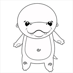 Vector black and white illustration of a cute little hippo in kawaii style. A childish character for coloring book.