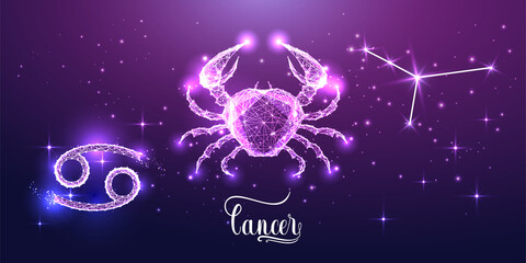Futuristic cancer zodiac sign with glowing crab animal zodiac figure, zodiac sign, constellation