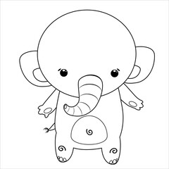 Vector black and white illustration of a cute little elephant in kawaii style. A childish character for kids coloring or training books and games.