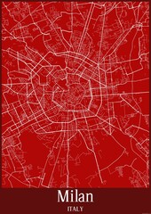 Red map of Milan Italy.