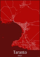 Red map of Taranto Italy.
