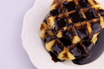 Fresh from Oven, Belgian Waffle topped with Chocolate Syrup