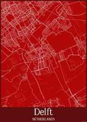Red map of Delft Netherlands.