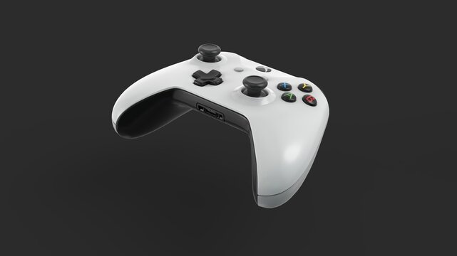 white Microsoft XBOX One controller isolated on a black background.