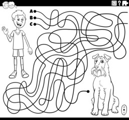 maze game with cartoon boy and his dog coloring book page