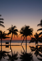 Fototapeta na wymiar Sunset in Mauritius at Troux-aux-biches beach with palm trees, infinity pool and the sea with beautiful colors. Upright