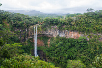 Nice perspective of Chamarel Waterfall in the tropical island jungle of Mauritius, horizontal