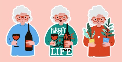 Vector illustration set with aged women. Wine bottle and glasses, plants and lettering phrase. Colored typography collection, active lifestyle print designs, home decoration posters