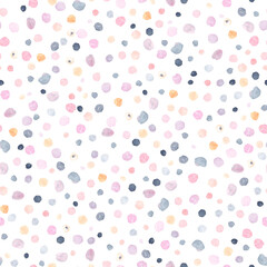 Watercolor background. Cute seamless pattern of colored spots. Perfect for fabric, textile, wallpaper.