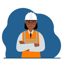 Smiling woman construction worker in a white helmet and an orange vest. Engineer. Vector