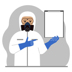 A man in a white radiation protective suit and a helmet with a respirator, chemical or biological safety uniform. Holds a clipboard with a paper.