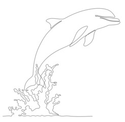 Continuous line drawing of dolphin emerging from sea water.

