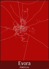Red map of Evora Portugal.