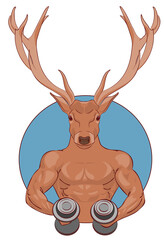Portrait of an anthropomorphic muscular strong deer with two dumbbells in his hands. The concept of training in the gym, exercises, sports. Vector illustration in lineart style