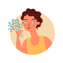 Portrait of a cute dark-haired girl with flowers. Spring illustration. International Women's Day. Festive spring illustration.