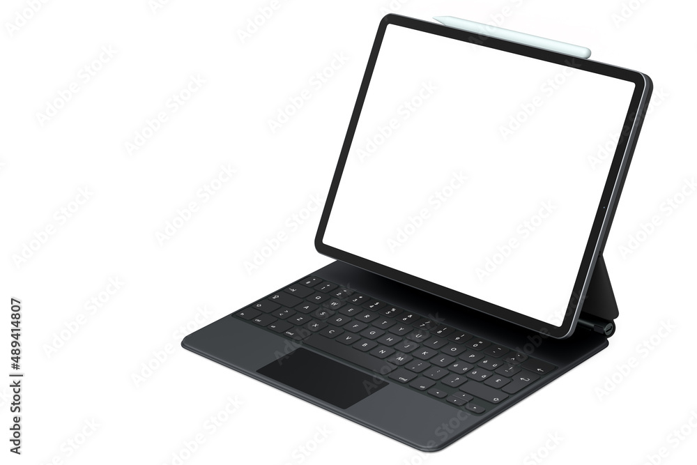 Poster computer tablet with keyboard and blank screen isolated on white background.