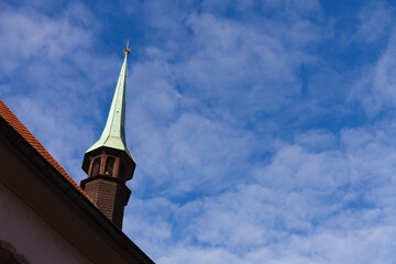 church steeple with blue sky