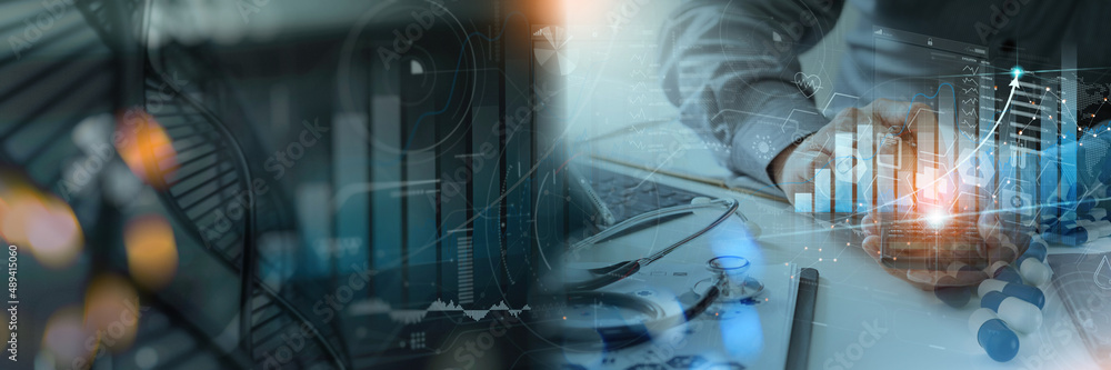 Poster healthcare and medical insurance business virtual graph data and growth with medical financial and d
