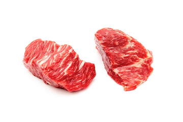 Two slices of raw beef meat isolated on white, clipping path.