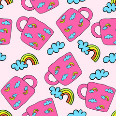 Seamless mug pattern with rainbow and clouds. Vector illustration