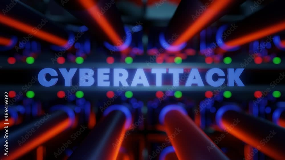 Poster cyberattack on internet network. switch with plugged ethernet cables sending endless loop of data. 3