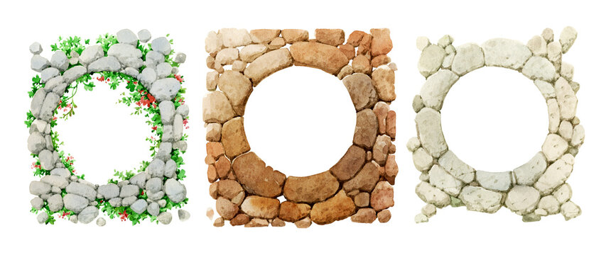 Stone portal made of isolated cobblestones on a white background. A set of stone frames for design and creativity. Exquisite stone background.