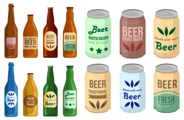 Bottles and cans of beer alcohol drink concept illustration vector food supplies