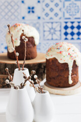 Russian traditional easter bread egg pussy-willow spring.